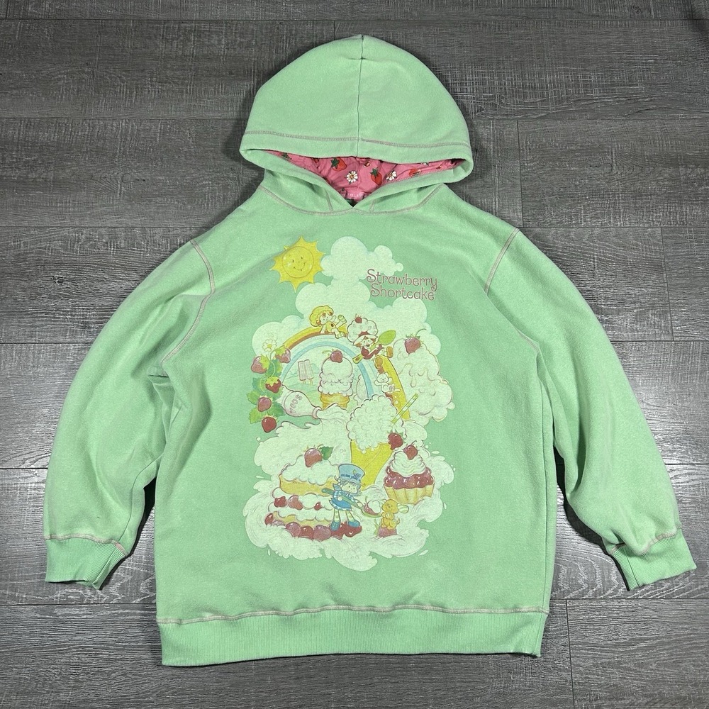 Dolls Kill x Strawberry Shortcake Hoodie Womens L Green Pullover Graphic Fleece